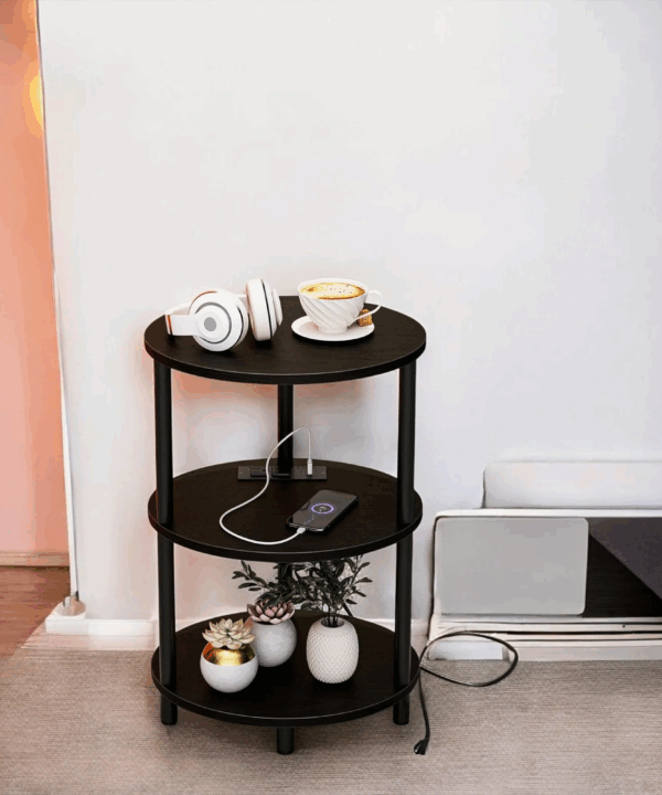 Three Tier Round End Table Charging Ports Black Modern