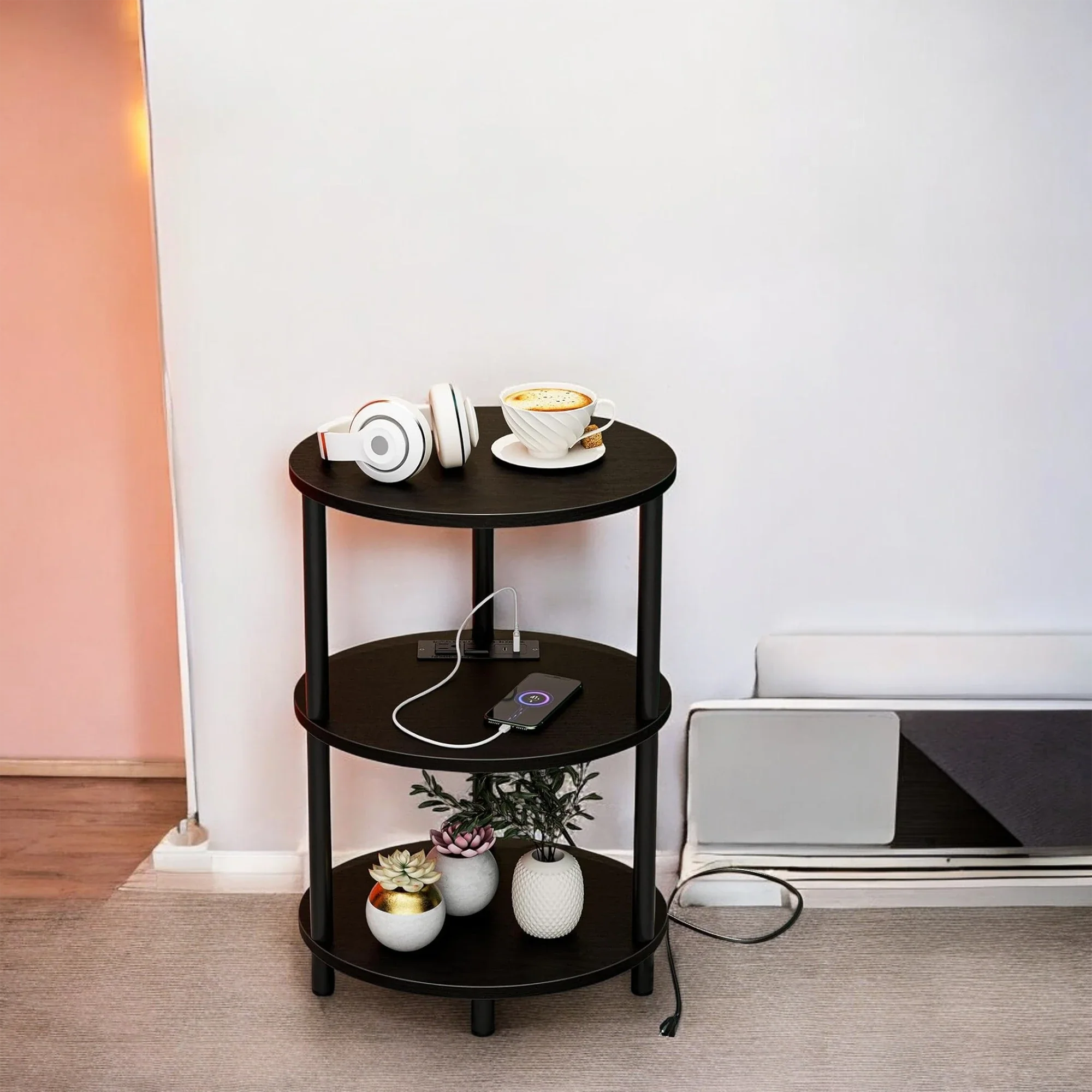 Three Tier Round End Table Charging Ports Black Modern