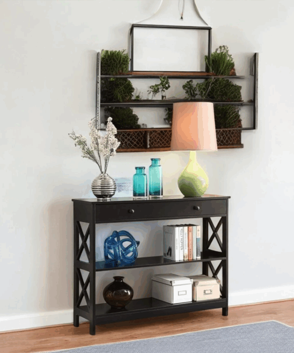 Console Table Black Drawer Open Shelves Elegant Entryway