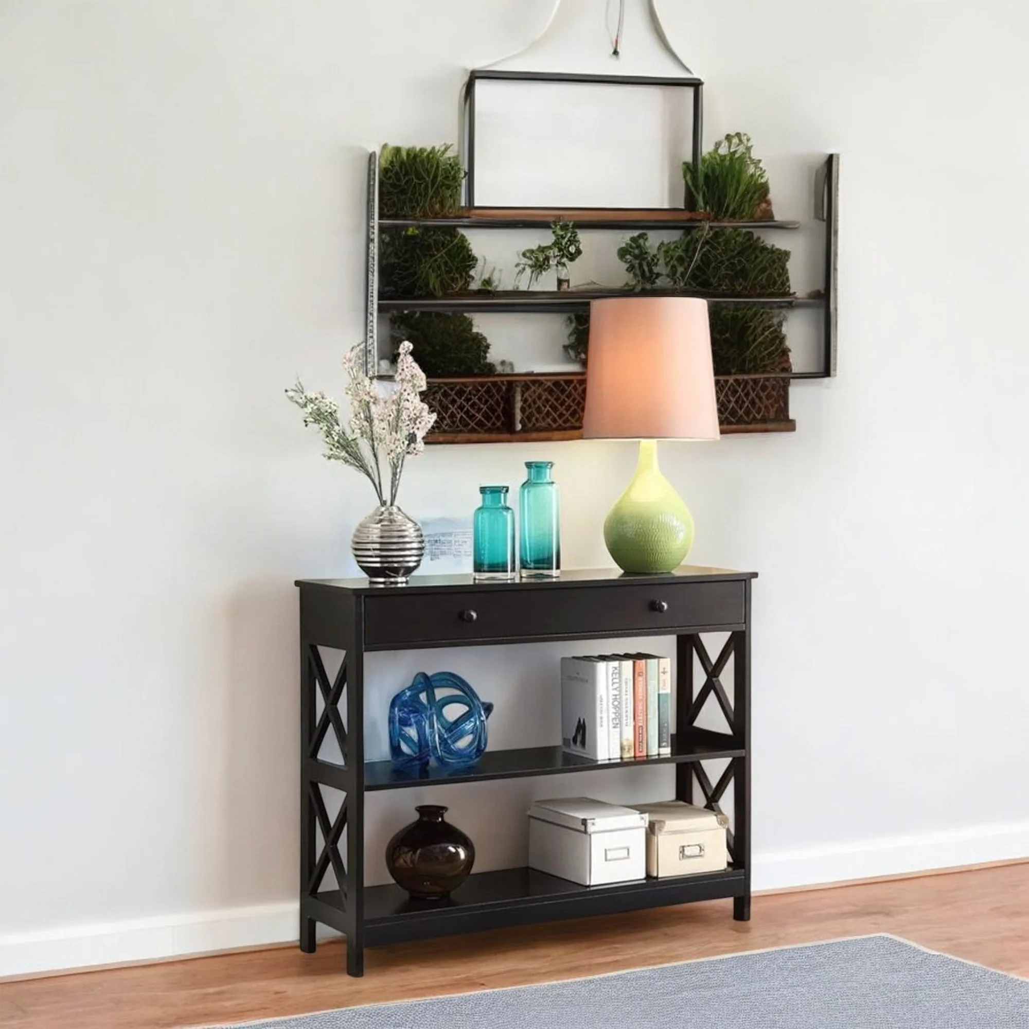 Console Table Black Drawer Open Shelves Elegant Entryway