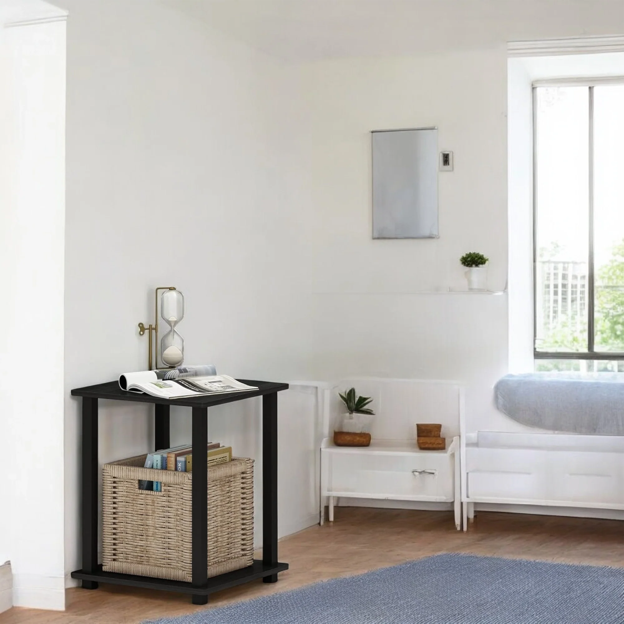 Side Table Black Woven Basket Storage Modern Minimalist