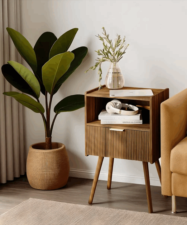 Mid Century End Table Brown Wood Retro Bedside Shelf
