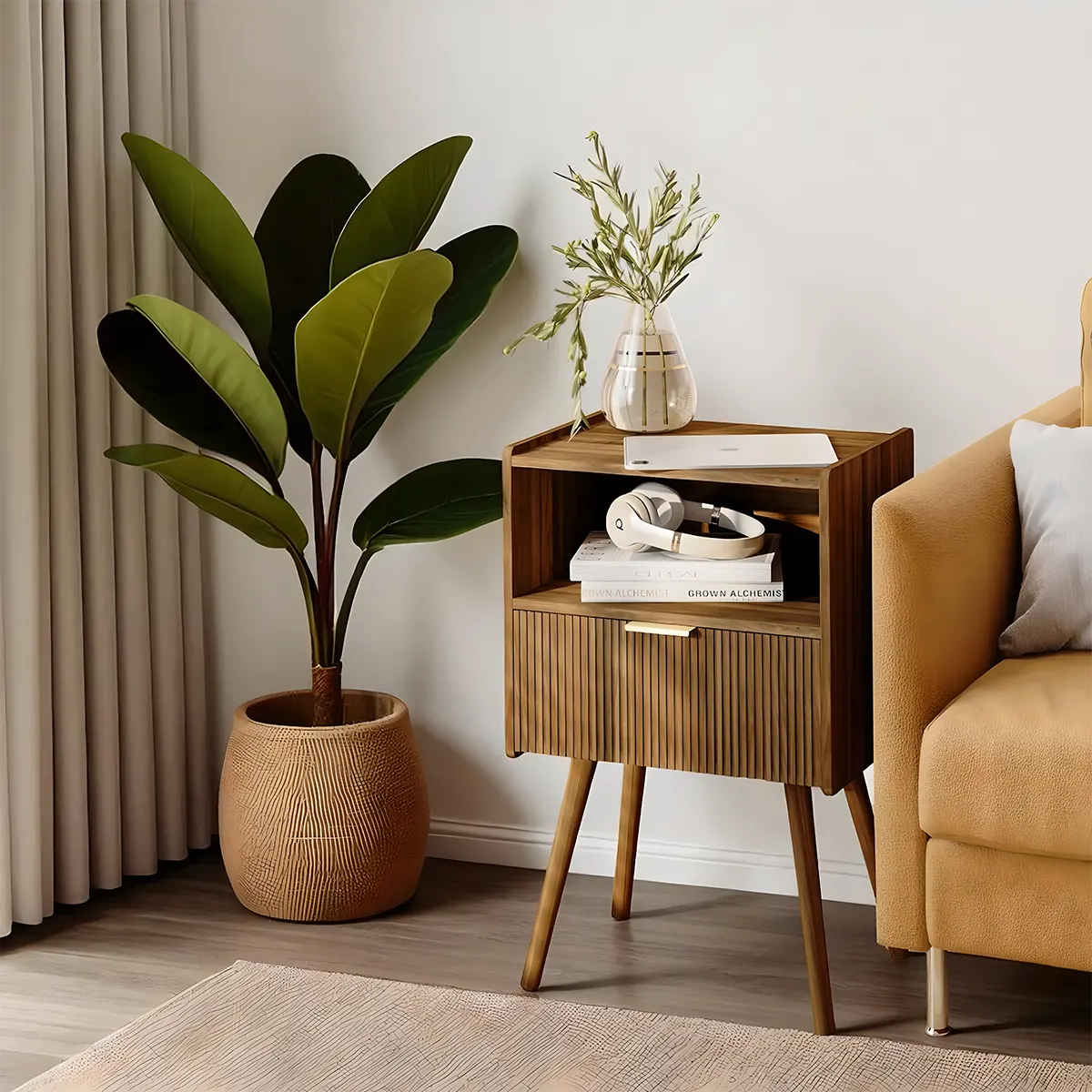 Mid Century End Table Brown Wood Retro Bedside Shelf