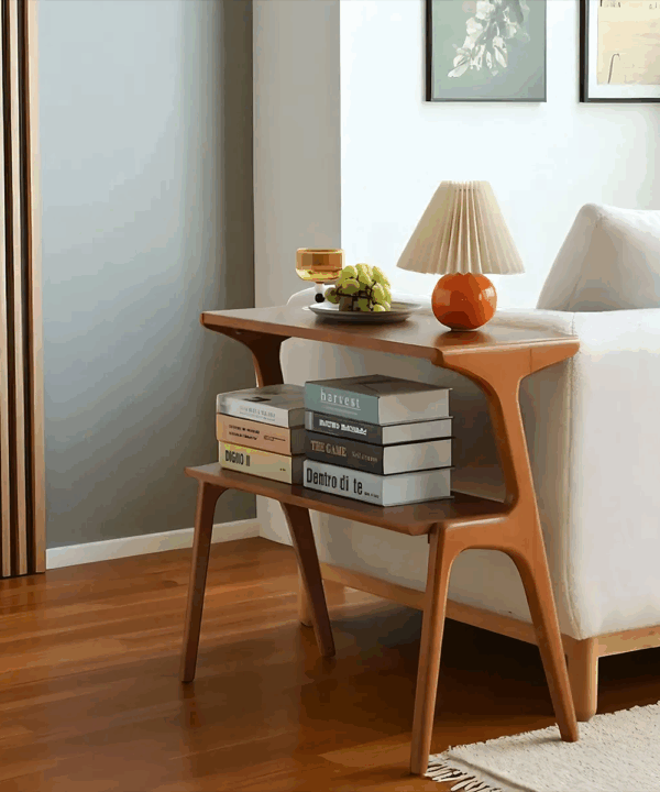 Mid Century End Table Natural Wood Two Tier Unique