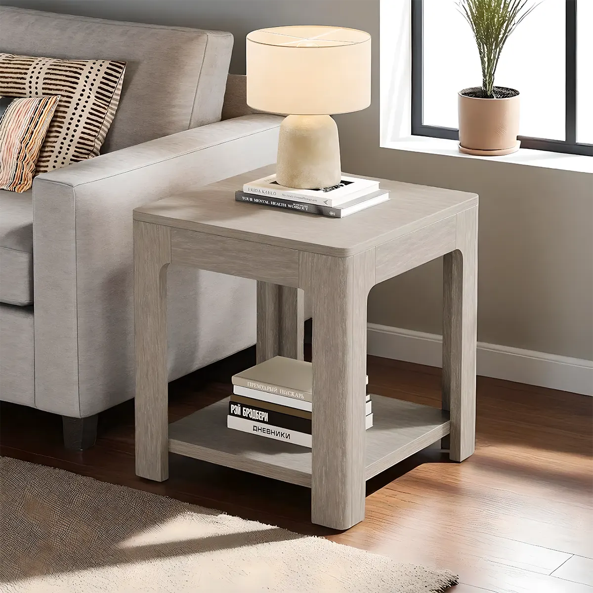 Corner Table Modern Light Gray Wood Decorative Shelf