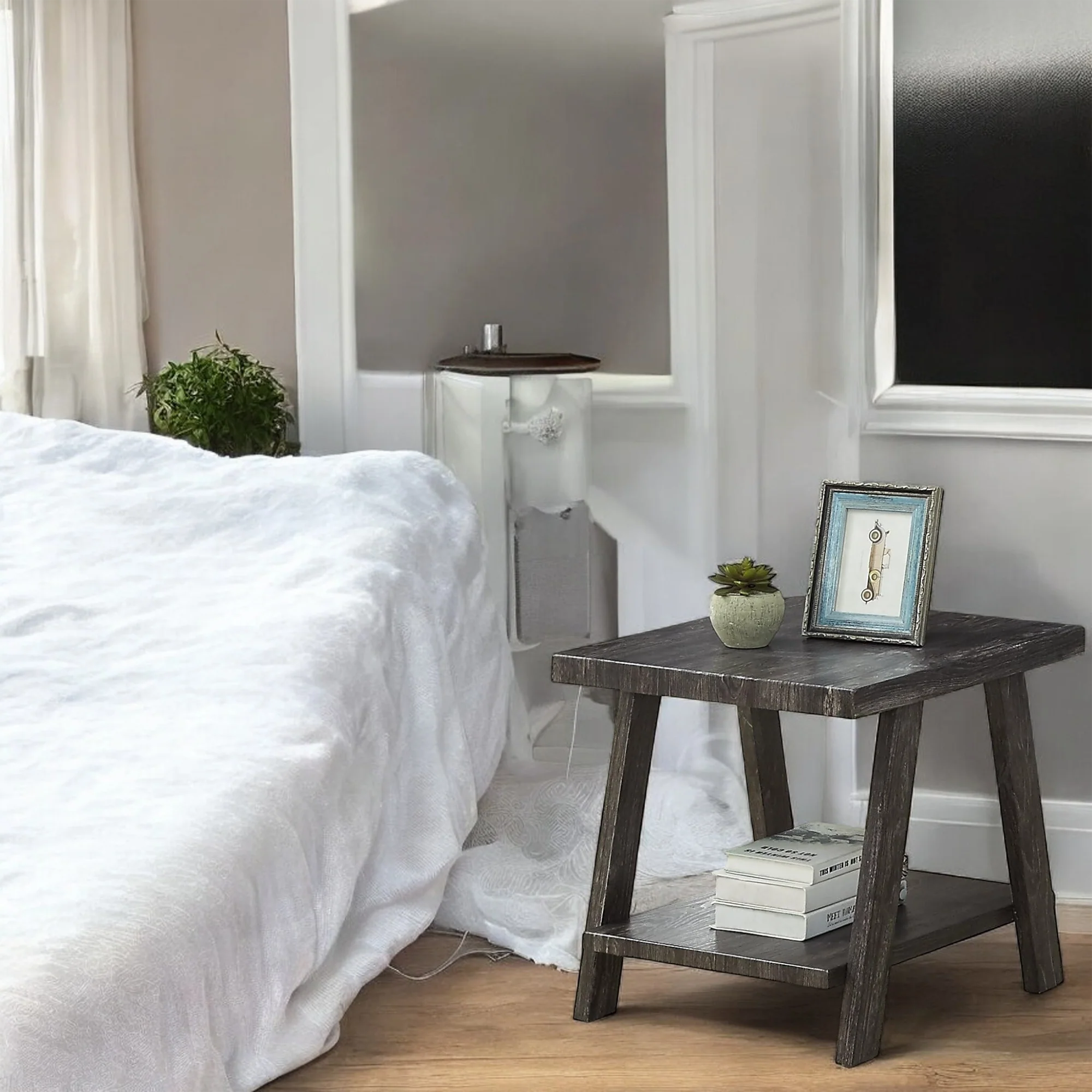 Side Table Rustic Wood Shelf Modern Nightstand