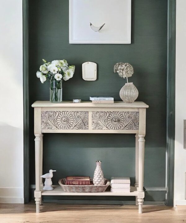 Vintage Carved Console Table Floral Drawers Lower Shelf Wood